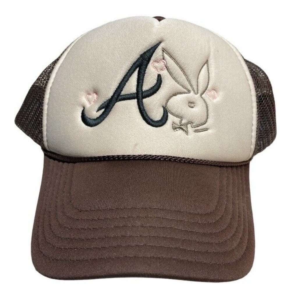 Atlanta Braves Playboy Bunny Snapback Hat Brown Cream Tan Vintage Trucker Cap